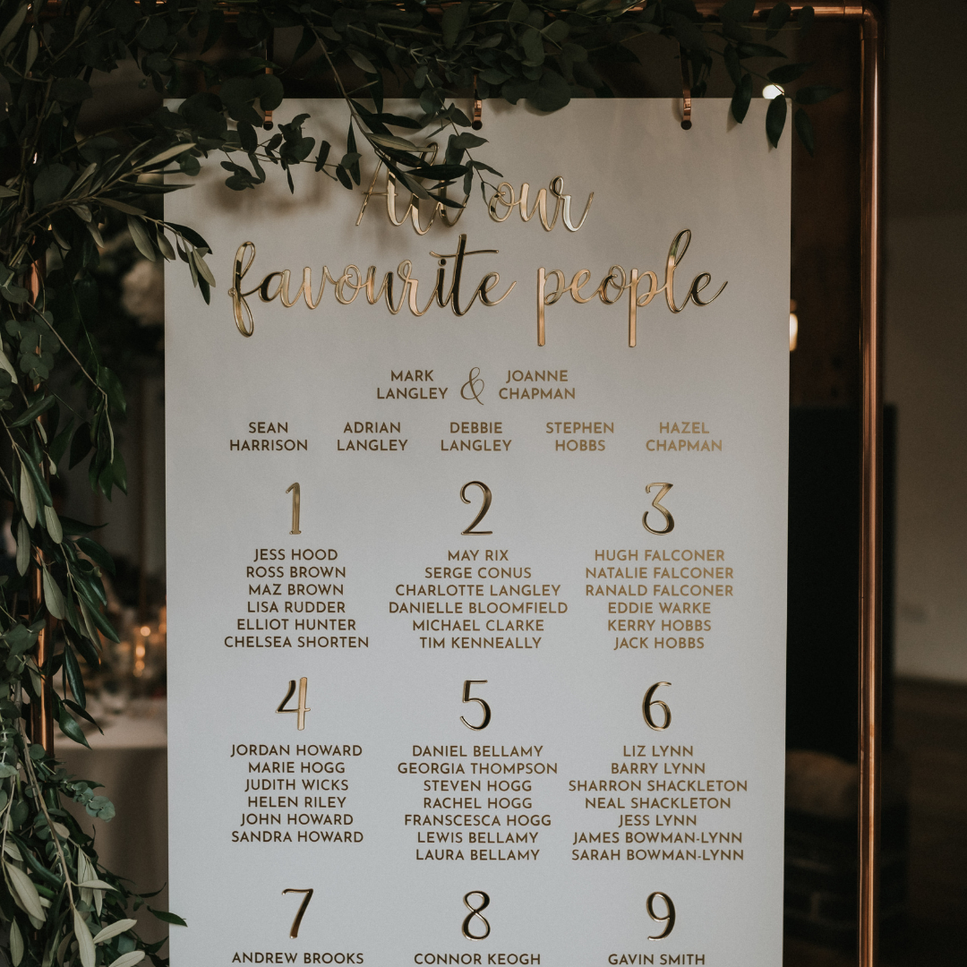 Custom wedding table plan, white and gold in double acrylic