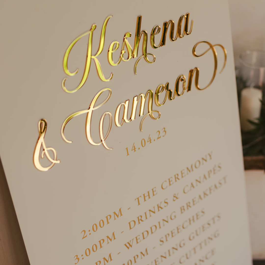 Gold and white custom acrylic wedding signage welcome sign