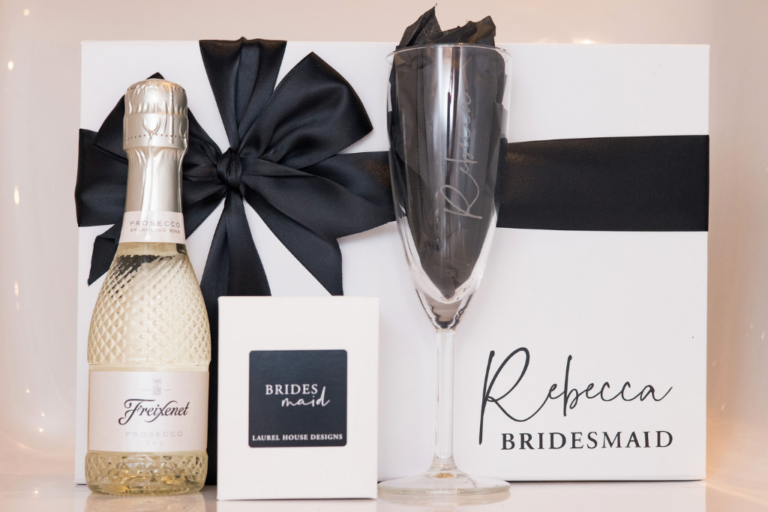 Personalised prosecco gift box, bridesmaid gift set with champagne and a flute