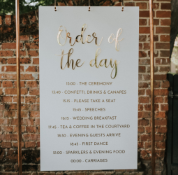Custom wedding order of the day sign, white and gold
