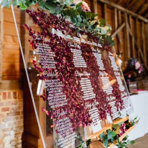 Red Confetti filled wedding table plan signage