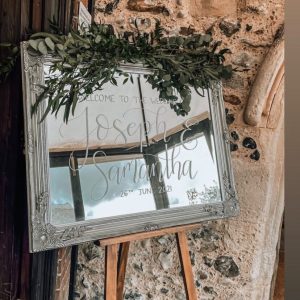 order of the custom mirror wedding sign with white vinyl text